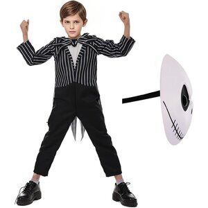 Skellington Costume Kids Unisex Jumpsuit + Mask Outfit Halloween Cosplay SMALL